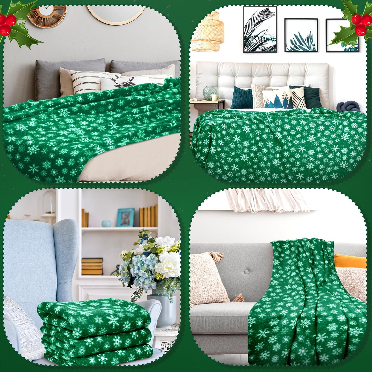 Moukeren 24 Pcs Christmas Snowflake Throw Blanket Bulk, 59 x 47 Inch Xmas Winter Throw Blanket Christmas Warm Soft Cozy Fleece for Home Bedding Couch Chair Gift (Green)