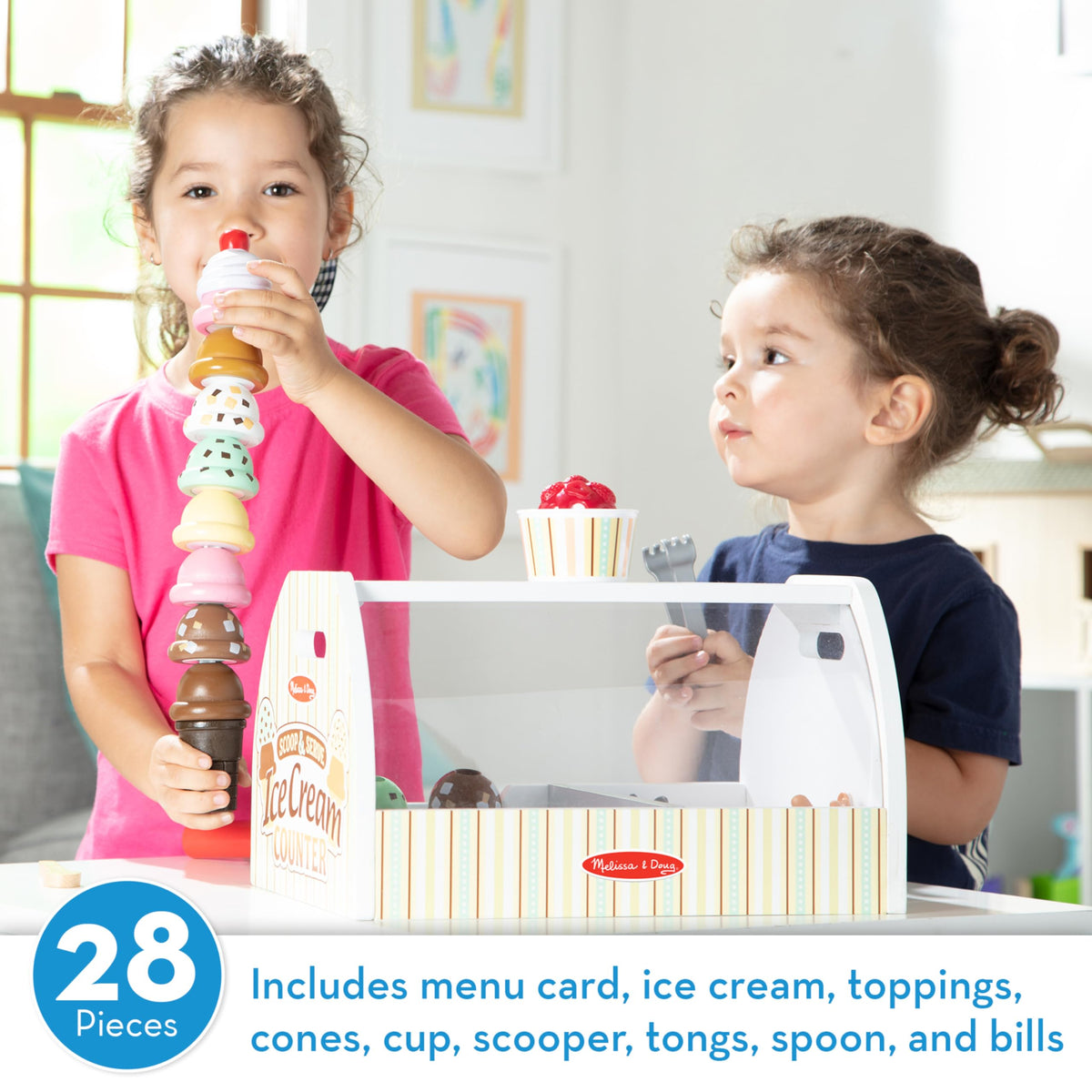 Melissa & Doug Wooden Scoop & Serve Ice Cream Counter, Pretend Play Store, 28 Toy Food & Play Kitchen Accessories, Preschool Toys for Girls & Boys 3+