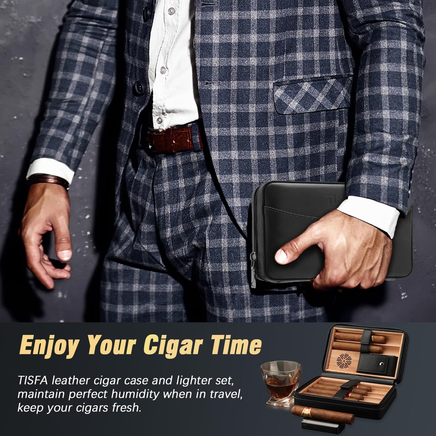 TISFA Cigar Humidor, Leather Cedar Wood Cigar Case with Cigar Lighter, V Cut Cigar Cutter, Cigar Holder 3 in 1, Portable Travel Cigar Humidor Box with Humidifier (Black)