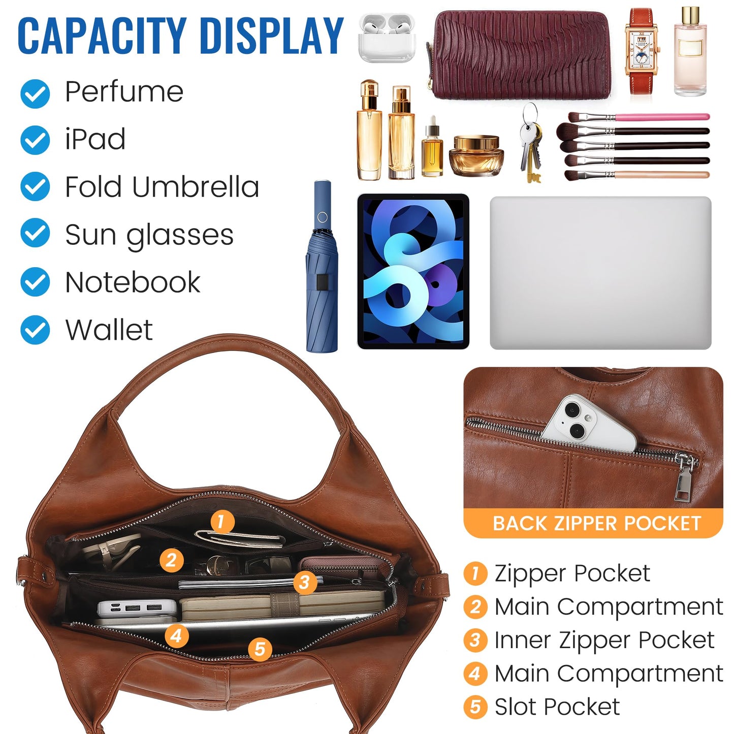 KOGTLA Vegan Leather Purses for Women with Detachable Satchel Strap, Ladies Handbags, Tote Hobo Bags with Top Handle Brown