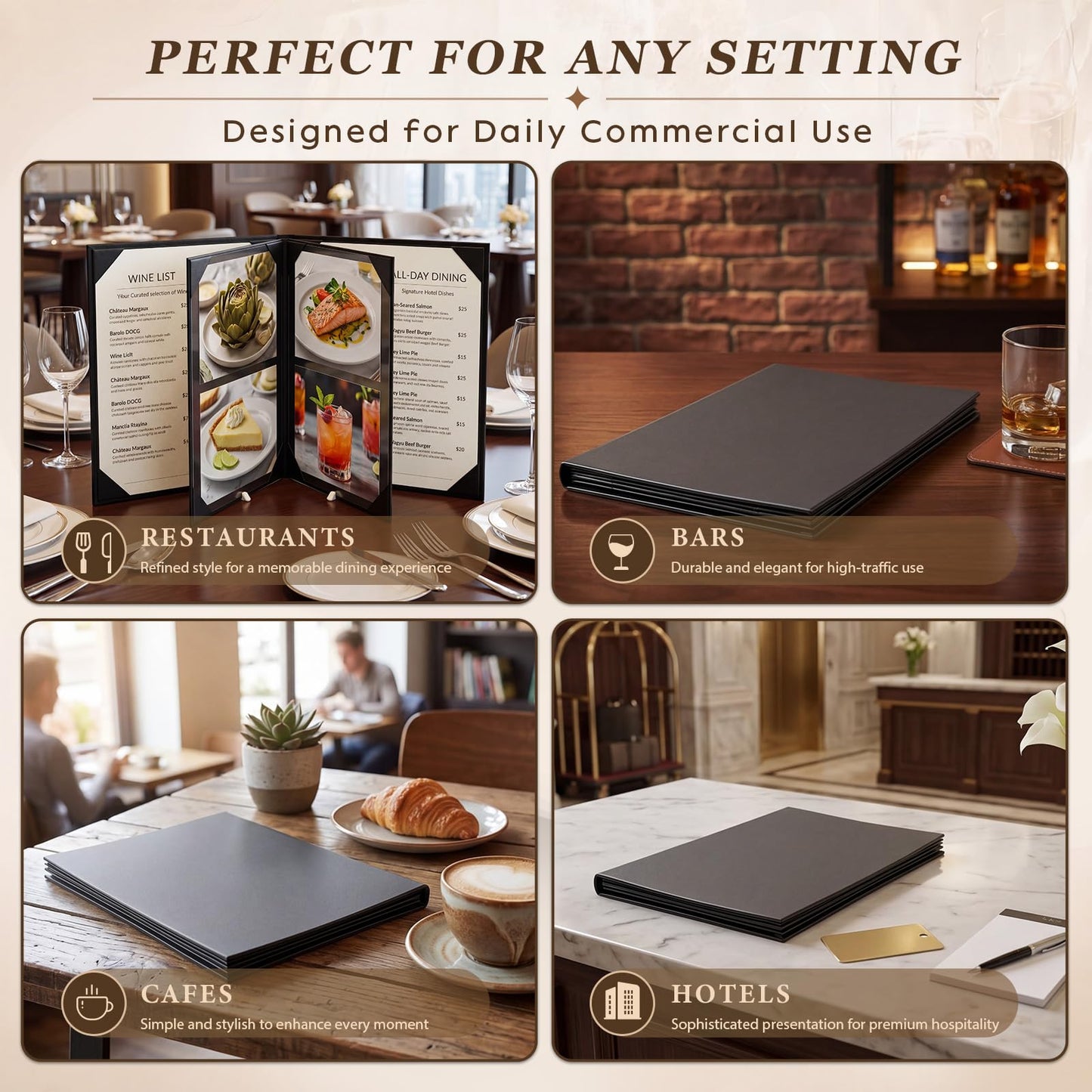 Ferrochef 10 Pack Leather Menu Covers, 6 View Menu Holder 8.5 x 11 Inch for Restaurant, Cafes, Bars, Wine List, Drinks, Commercial and Home Use, Black