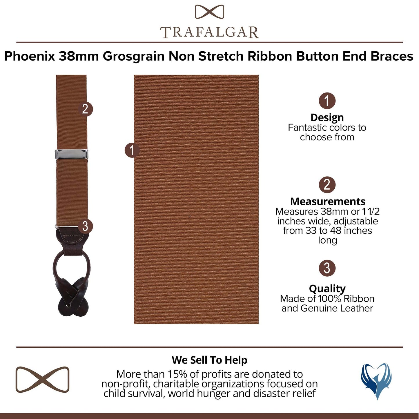 Trafalgar Men's Phoenix 38mm Grosgrain Non Stretch Ribbon Button End Braces (Suspenders), Brown