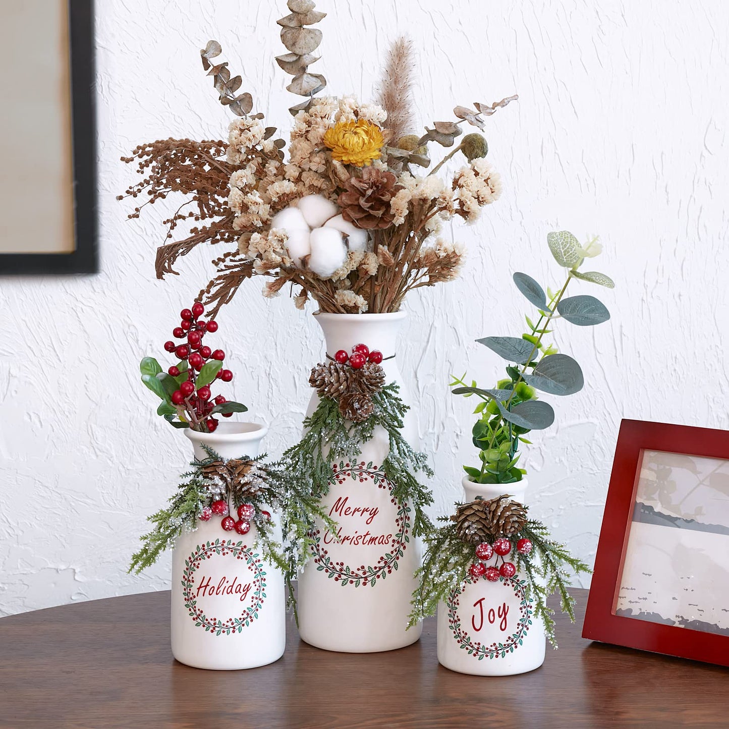 Wortour Artificial Christmas 3-Piece Set Flocked with Mixed Xmas Decorations Ceramic White Bottles
