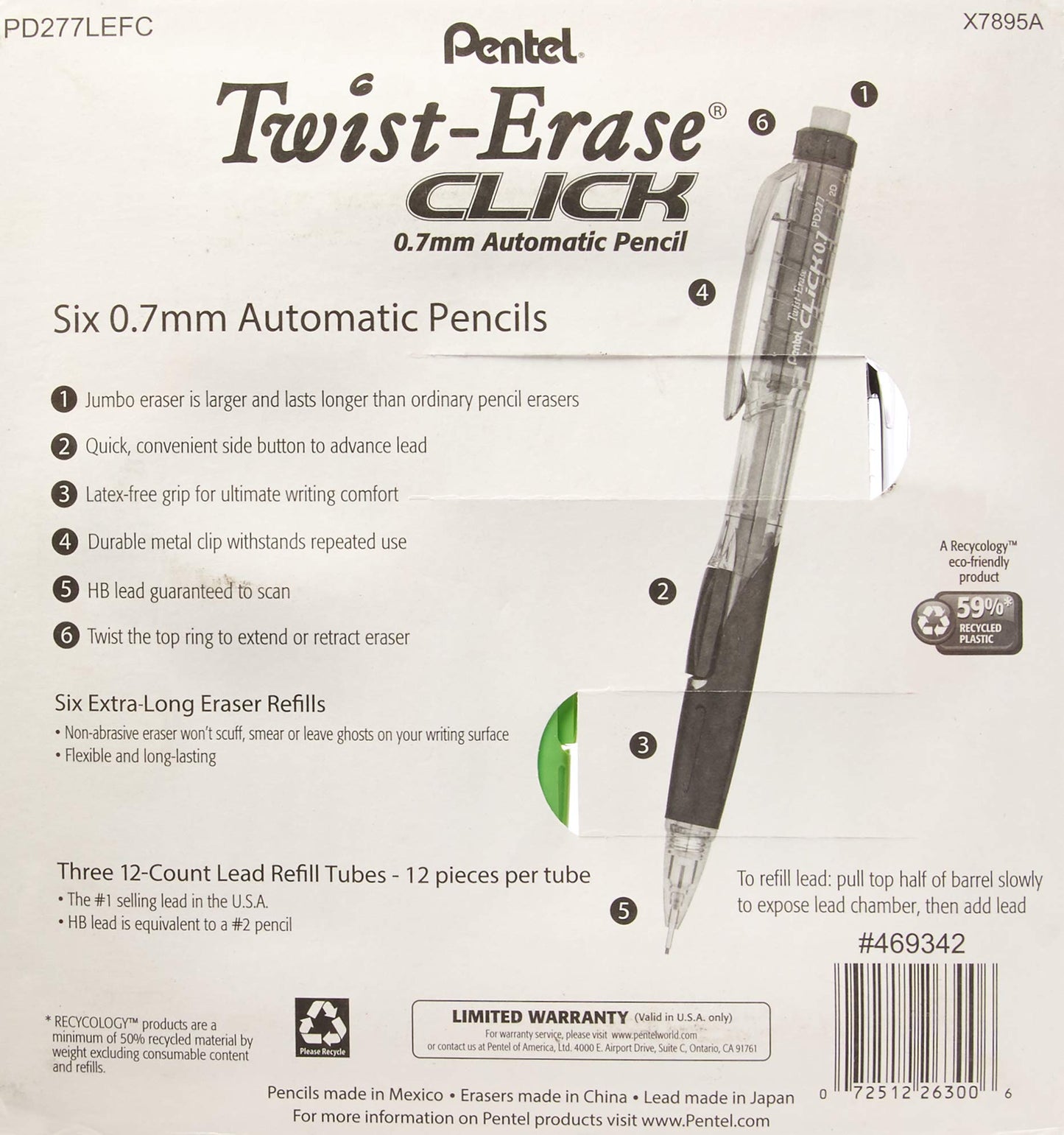 Pentel Twist-Erase Click Mechanical Pencils 0.7mm, HB #2, School Supplies, Teacher Supplies, Drawing Sketching pencils, Assorted Barrel Colors- 6 Mechanical Pencils, 6 Erasers, 3 Tubes of Lead Refills