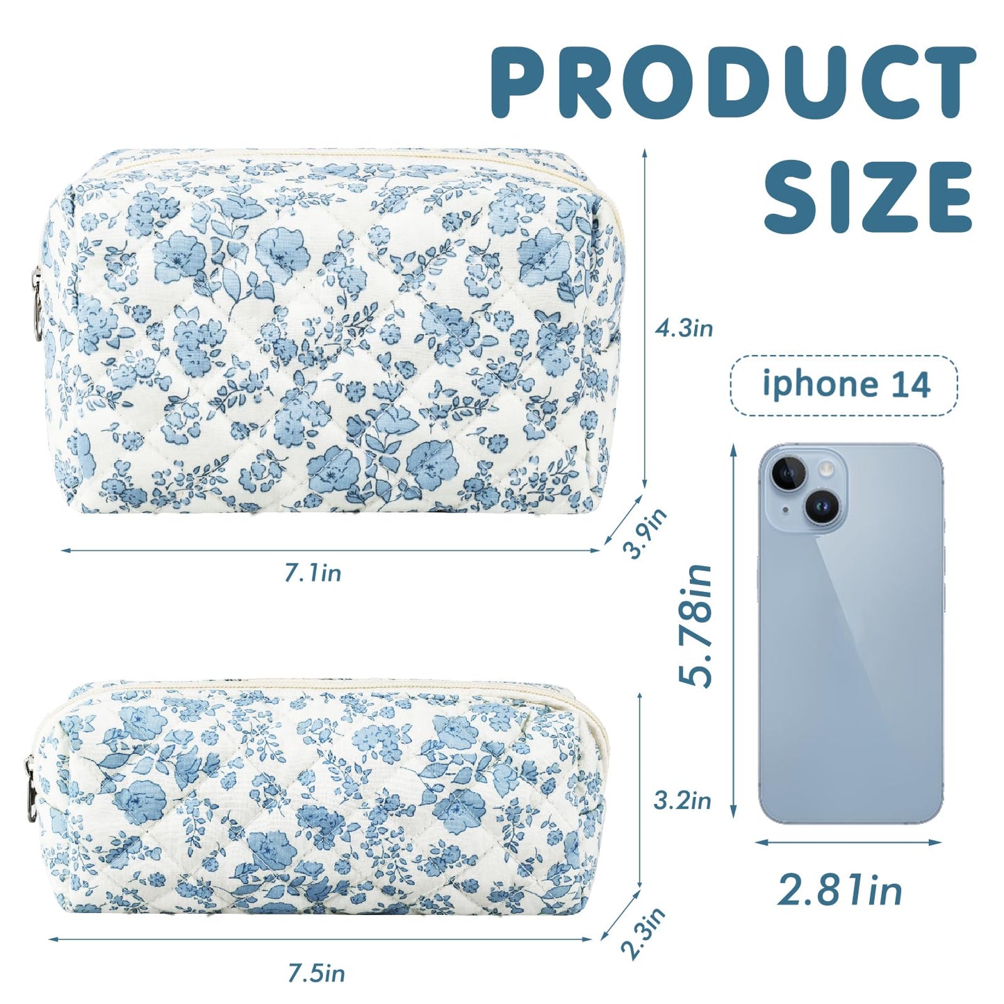 URSKYTOUS 2Pcs Floral Makeup Bag for Women Cotton Quilted Small Coquette Cosmetic Bag Cute Zipper Blue Flower Makeup Pouch Aesthetic Portable Pencil Case Travel Toiletry Bag Trendy Cloth Skincare Bag