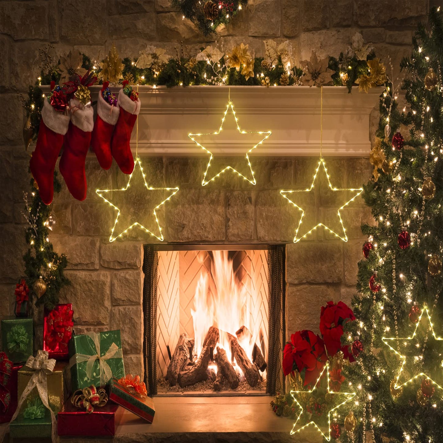 wominoy LED Christmas Window Star Decoration - 5 Pack 200 Hanging Star Lights Battery Operated 8 Modes with 5 Remote Controls for Indoor, Outdoor Christmas Window Decorations, Porch, Warm White