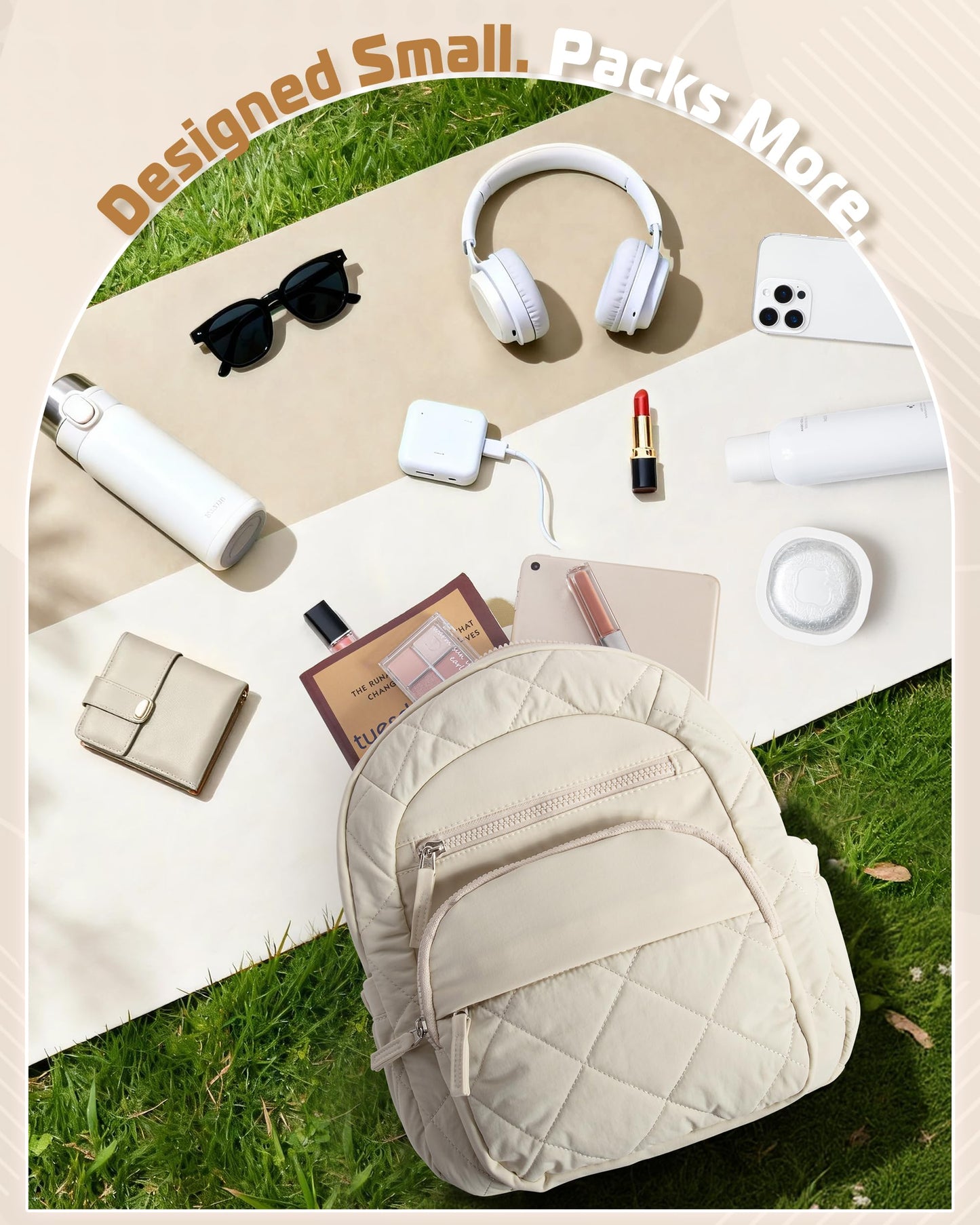 Smasrob Women Mini Backpack with RFID Blocking Pocket, Small Puffer Backpack Purse, Lightweight Quilted Backpack for Work, College or Travel, Beige
