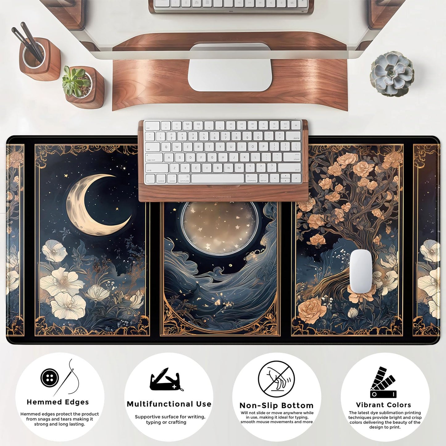 Celestial Lunar Nature Tarot Card Desk Mat Moon Floral Large Mouse Pad XXL 31.5''X 15.7'' Witch Night Botanical Desk Pad Gaming Mousepad Keyboard Mouse Mat for Laptop Computer Office Decor Gift