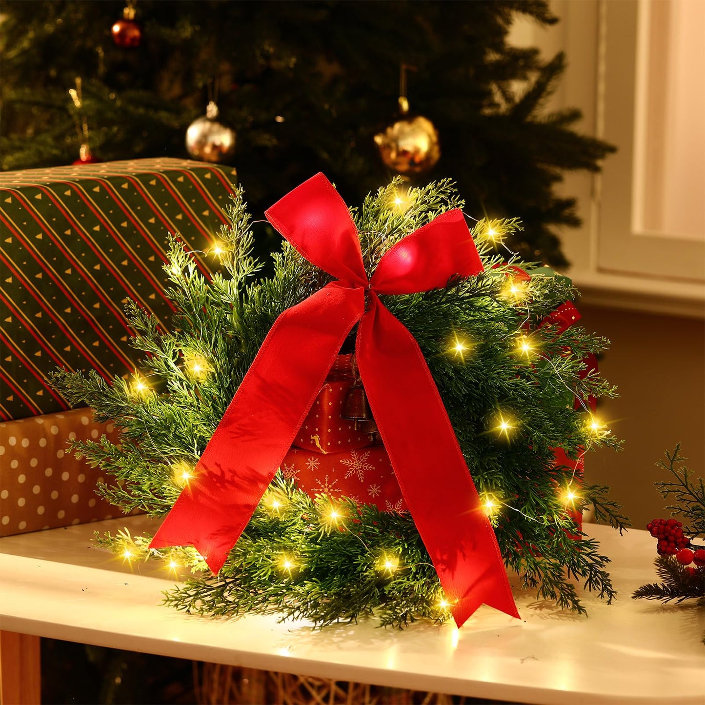2 Pcs 20 Inch Pre-lit Christmas Cedar Wreaths with Bow Bells Artificial Norfolk Pine Lighted Xmas LED Christmas Swags Wreath for Indoor Outdoor Windows Porch Wall Home Decor