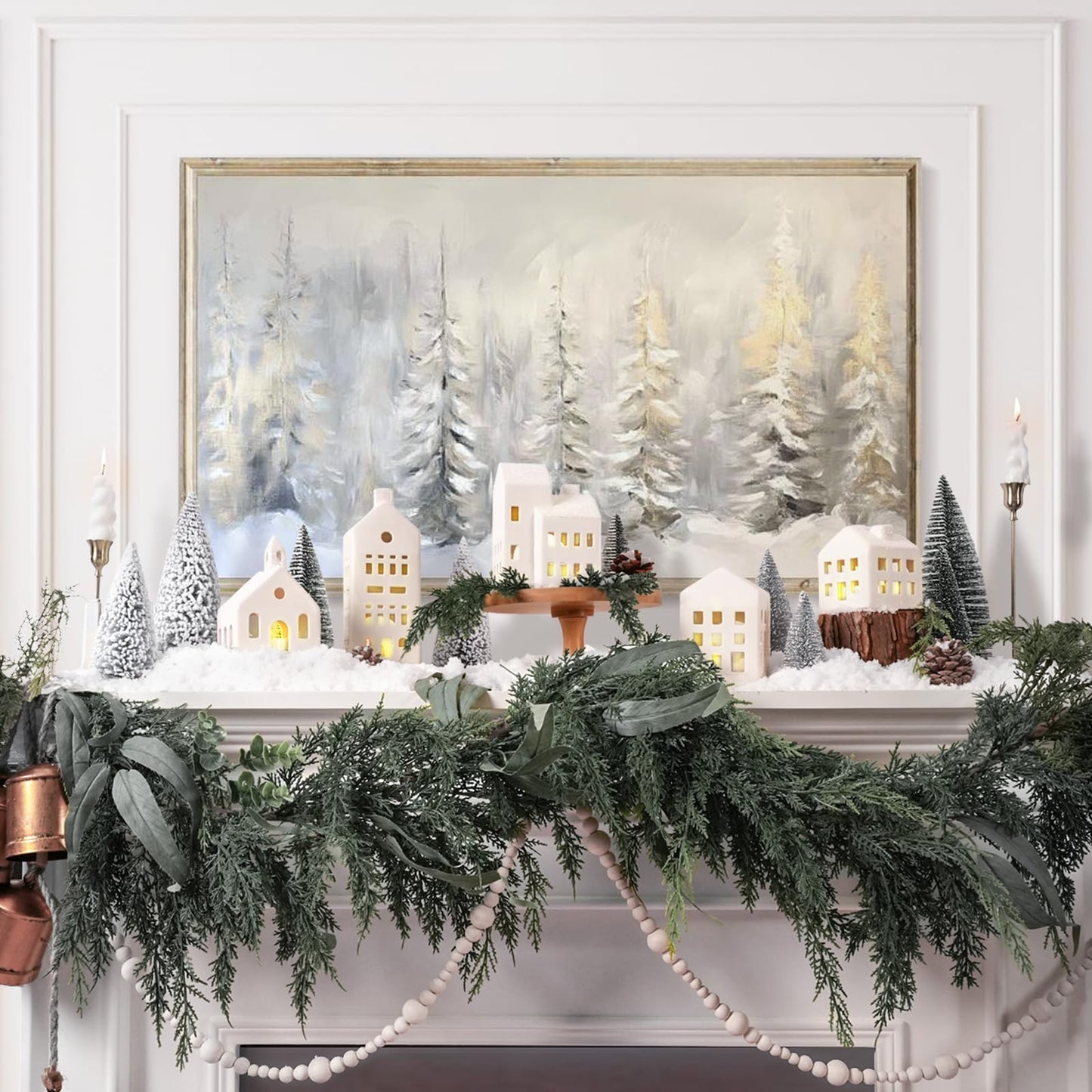 Zesua Christmas Decorations Indoor - Christmas Village Sets of 5 Ceramic Houses with LED Lights Remote and 9 Trees - Winter Rustic Farmhouse Home Holiday Xmas Decor for Mantel Tabletop Room