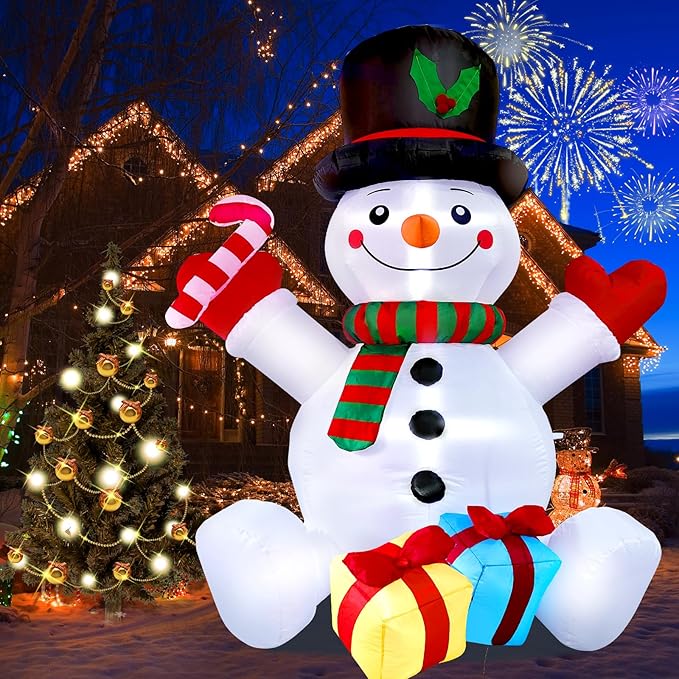 6FT Snowman Inflatable Present & Snowman Christmas Decorations with LED Lights Christmas Blow Up for Indoor Outdoor Yard Decoration