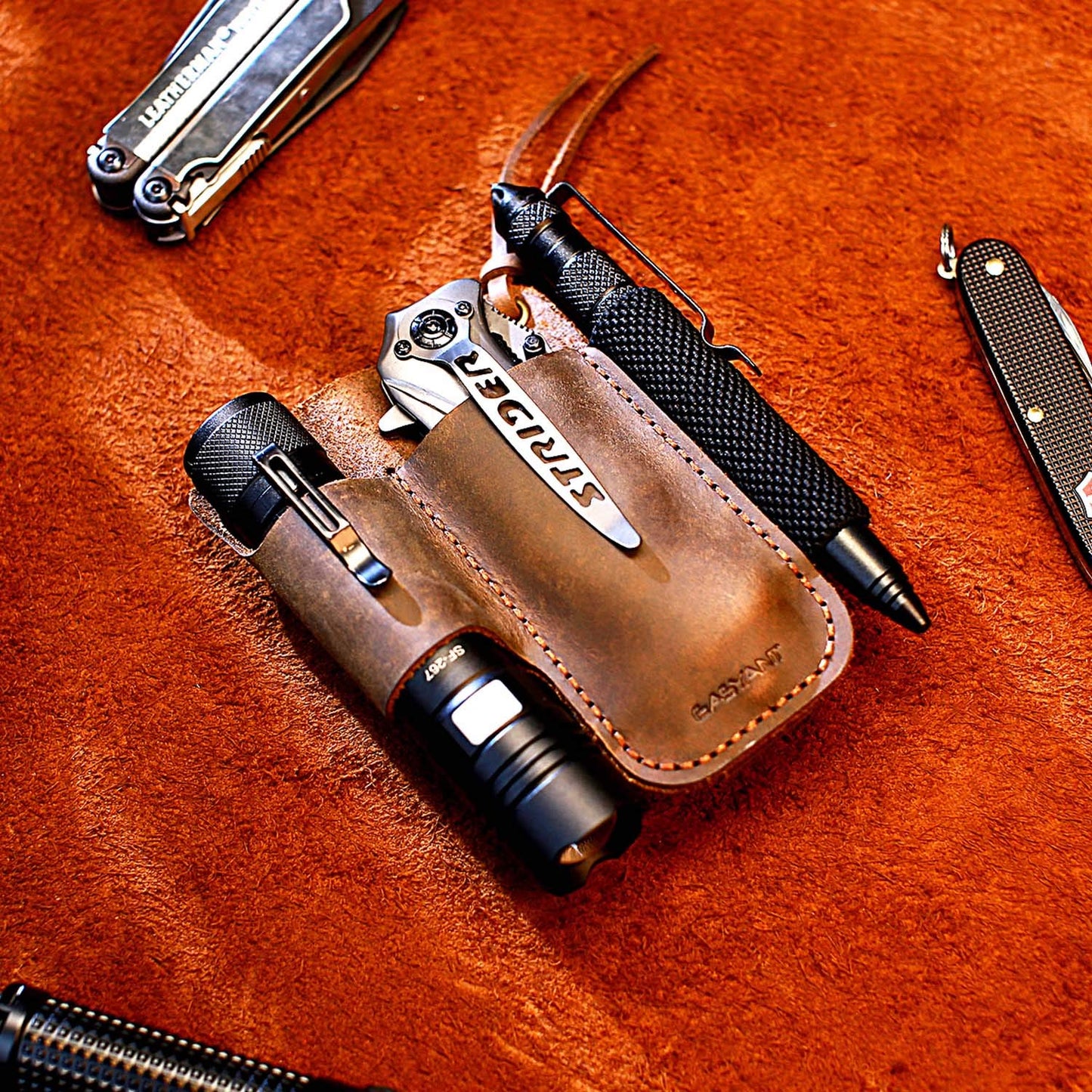 EASYANT Men Leather EDC Organizer Sheath Handmade Tactical Tool Pouch Holster with Belt Clip Brown