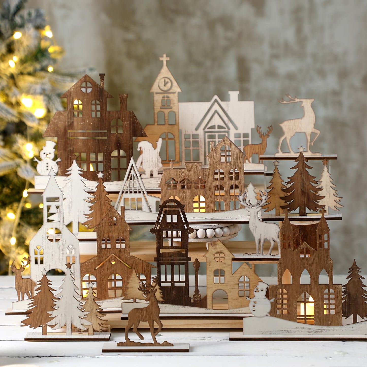 AceOrbit 12 Pcs Christmas Rustic Table Decor Xmas Trees and Elk Farmhouse Tiered Tray Decor Wooden Tabletop Centerpieces Sign Gifts for Fireplace Home Office Christmas Birthday Party Supplies