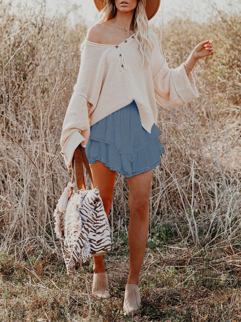 Aoudery Flowy Shorts for Women Casual Boho Ruffle Tiered Skorts High Waist Mini Skirts Golf Tennis Butterfly Crochet Shorts - Denim Blue L