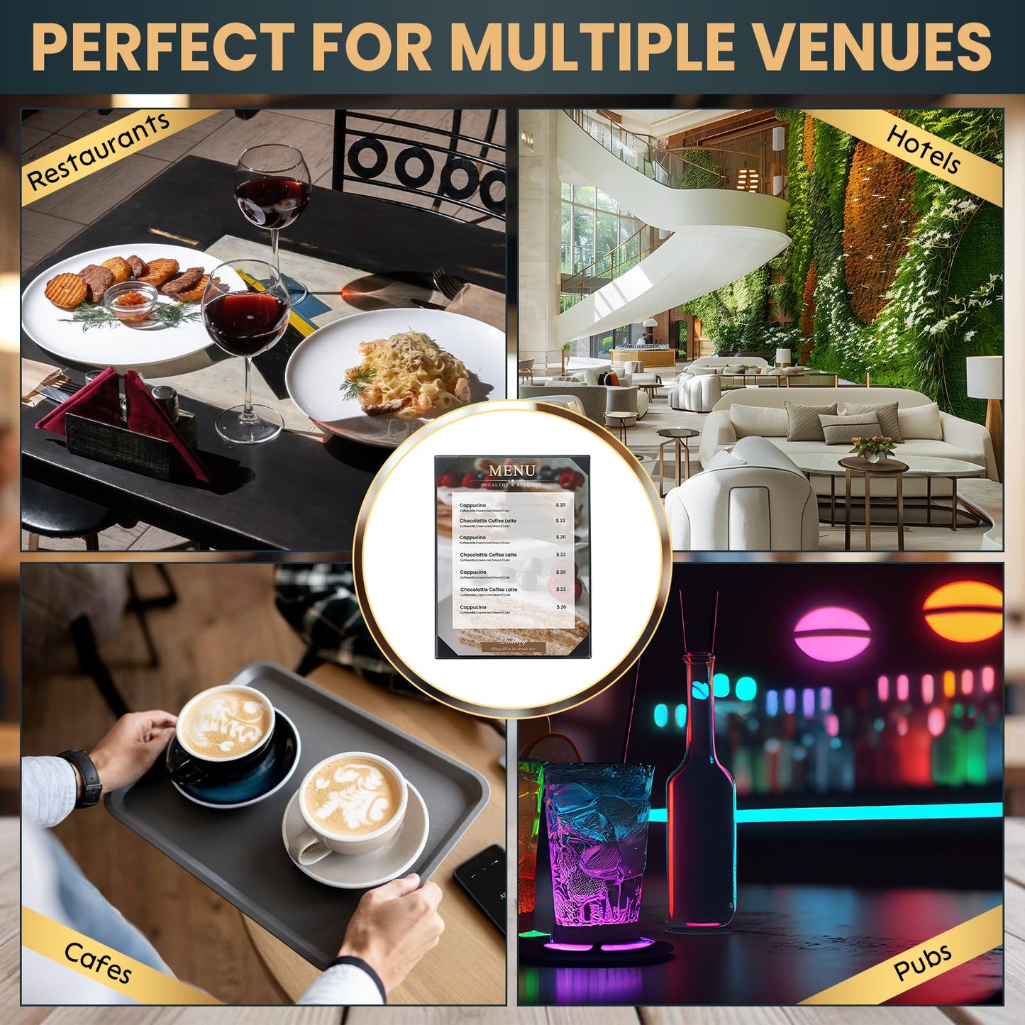 AMGSH 1 View 8.5" x 11" Menu Holder Menu Covers | Black Leather Menu Sleeves Book Style for Restaurant Coffee Bars Wine List Fit for Letter Size 8.5" x 11" Certificate Holer Diploma Holder