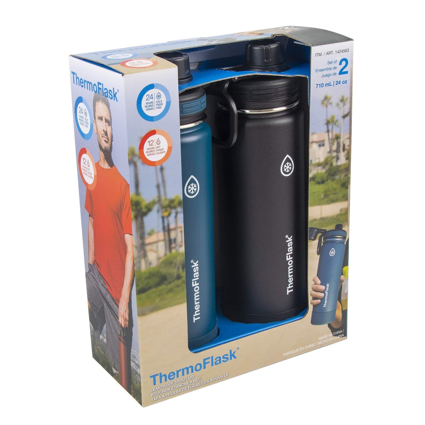 ThermoFlask Bottle with Spout Lid - Stainless Steel Water Bottles with Double-Wall Insulation & BPA-Free Spout Lids - Leak-Proof Reusable Bottles & Lids - 24 oz, Mayan Blue/Black (2 Pack)