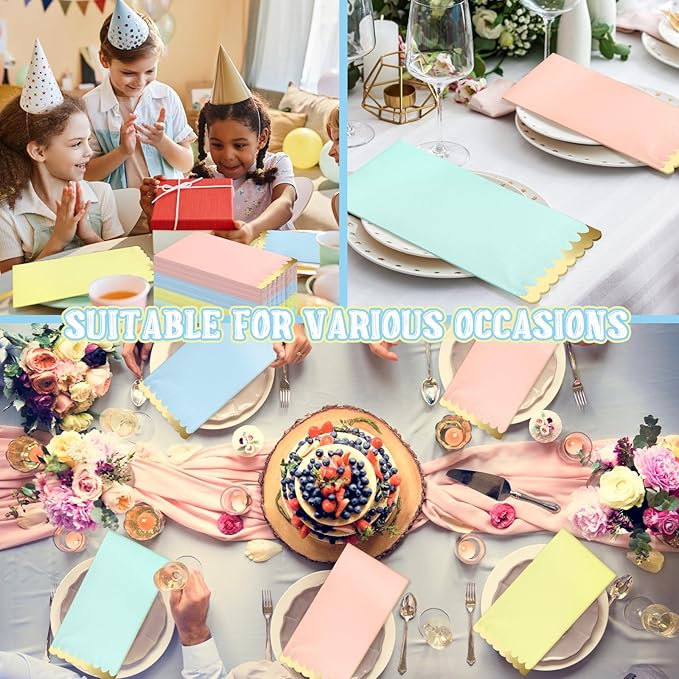 Estune 100 Pack Pastel Napkins with Gold Foil Scalloped Edge 4 x 8 Inch 2 Ply Disposable Thick Paper Cocktail Napkins Unicorn Party Decor for Wedding Dinner Birthday Tea Party Supplies(Multi Color)