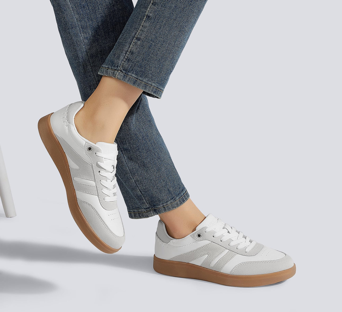 LUCKY STEP Women Classic Retro Gum Sole Fashion Sneakers Casual Tennis Skate Shoe Genuine Leather Walking Footwear Anti Slip Trainers(White/Grey,8.5)
