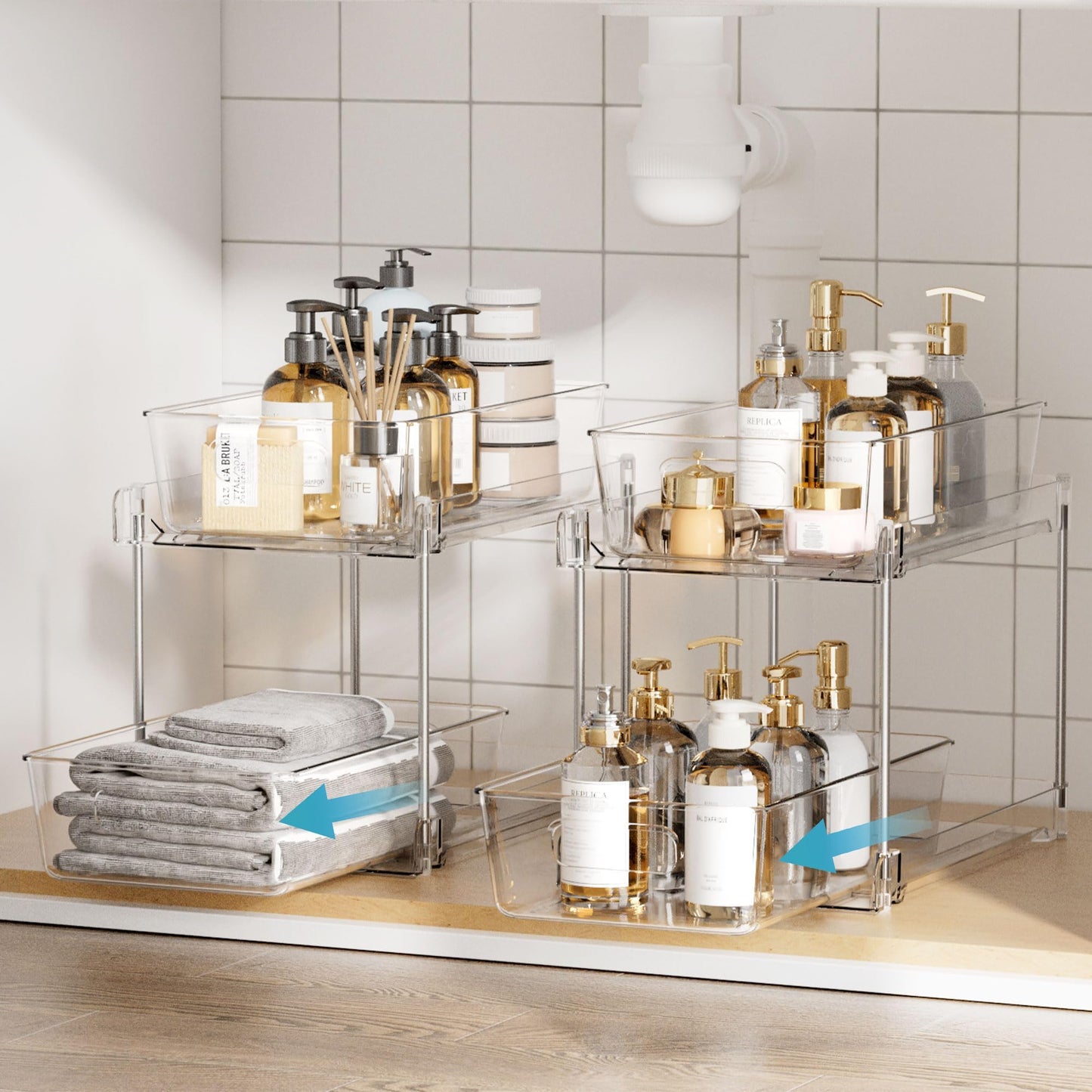 Vtopmart 4 Pack Bathroom Organizer, 2 Tier Clear Under Sink Organizers Vanity Countertop Storage Container,Cabinet Drawers Bins, Pull-Out Organization with Track for Pantry, Kitchen