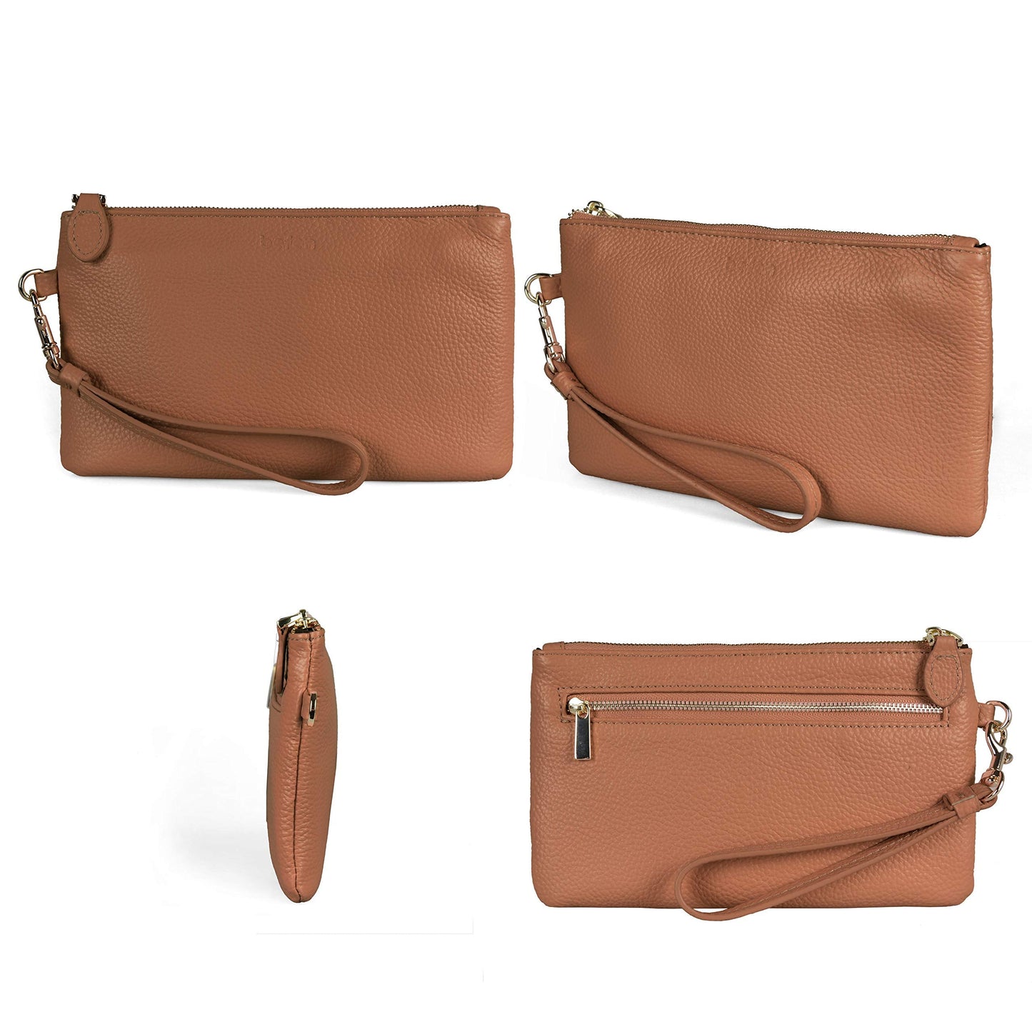 befen Women's Genuine Italian Leather Wristlet Clutch Wallet Purse, Gold Zipper (Camel)