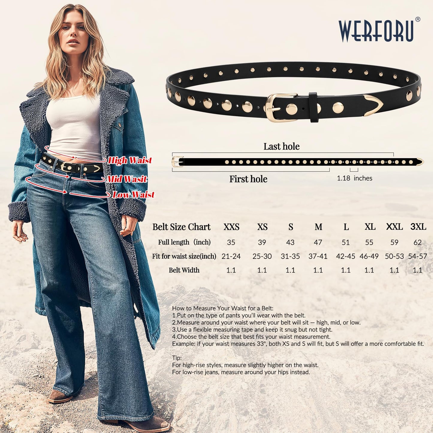WERFORU Women Fashion Leather Belt Studded Leather Belt Ladies Belts for Jeans Dress Punk Belt,Coffee,25"-30" Waist Adjustable-