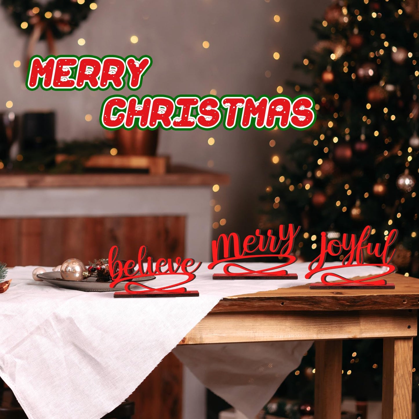 Kathfly 3 Pcs Christmas Tabletop Word Sign Believe Joyful Merry Xmas Mantle Decor Freestanding Christmas Mantle Sign Xmas Wood Cutouts Table Plate Rustic Ornaments for Home Office Decoration(Red)