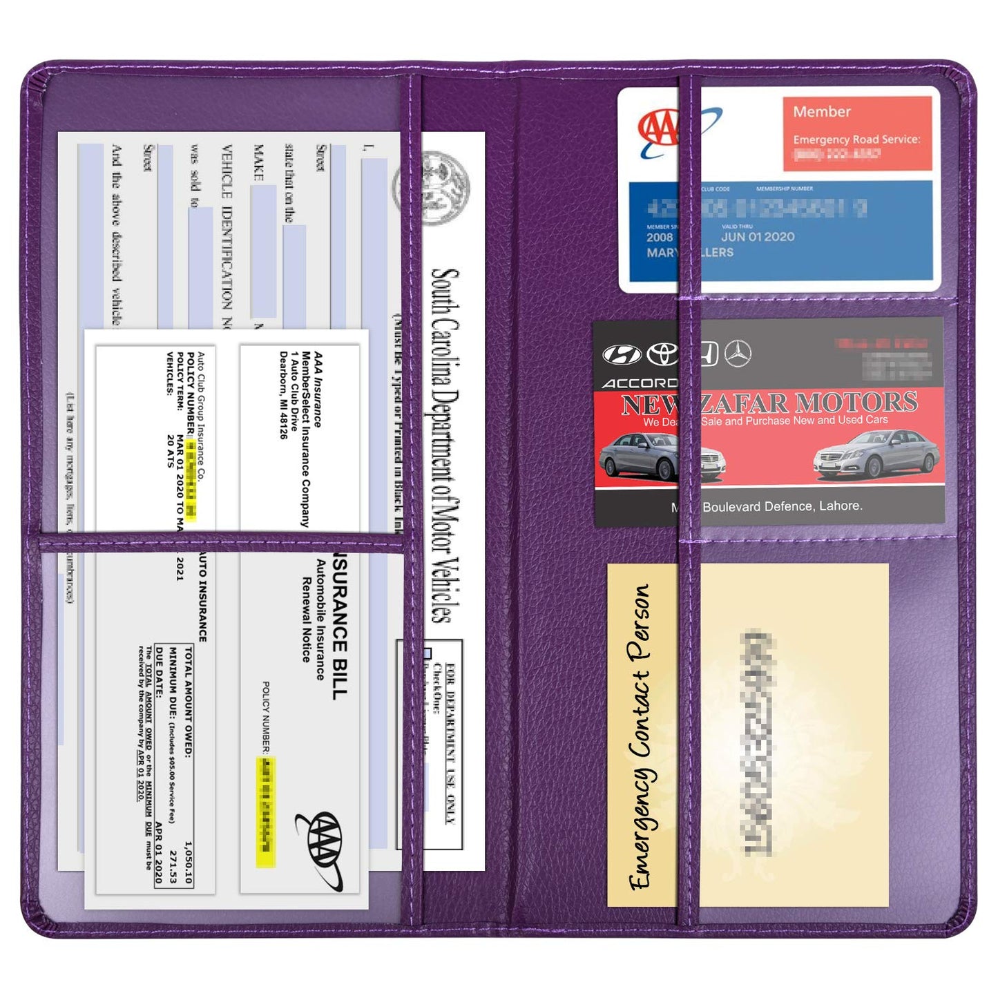 Wisdompro Car Registration and Insurance Holder - Premium PU Leather Vehicle Glove Box Organizer Wallet for Document, License, Card and Other Essentials (Purple)