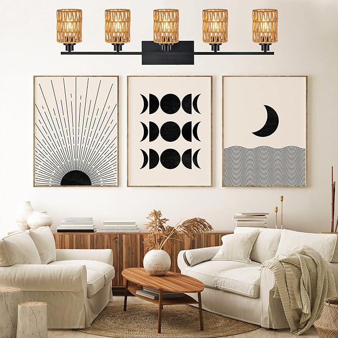 MELUCEE Farmhouse Bathroom Light Fixtures Rattan Wall Sconce 5 Light Bathroom Vanity Light with Rattan Lamp Shade, Black Finish, Suitable for Kitchen Hallway Living Room, 40.6 Inches Length