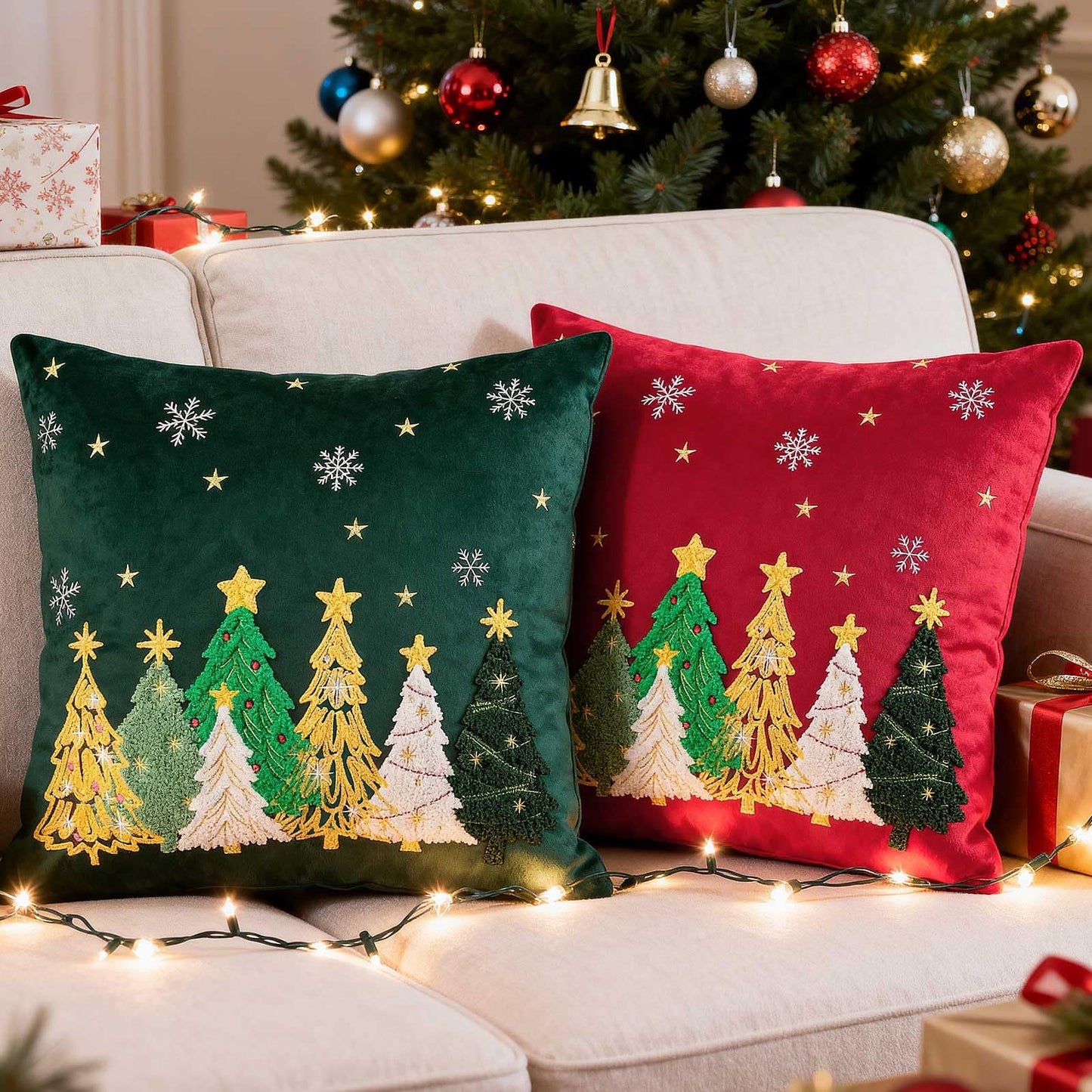 Lanpn 16x16 Christmas Pillow Covers Set of 2, Embroidery Cute Christmas Tree Decorative Holiday Pillowcase Pillow Case Cushion 16 x 16 for Indoor Home Bedroom Sofa Couch Xmas Decor