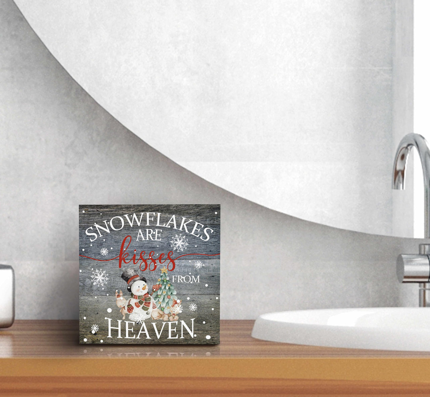 SRADMO Christmas Snowflakes are Kisses from Heaven Wood Box Sign Desk Decor, Winter Signs Box Sign Decoration for Home Office, Snowman Decor Signs Plaques