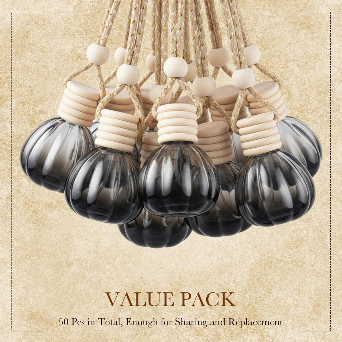 BBTO 50 Pcs Hanging Car Air Freshener Black Car Diffuser Bottles Empty Glass Perfume Bottle Freshener Diffuser Bottle Pendant for Essential Oil Fragrance Aromatherapy Bottles Ornament(Pumpkin)