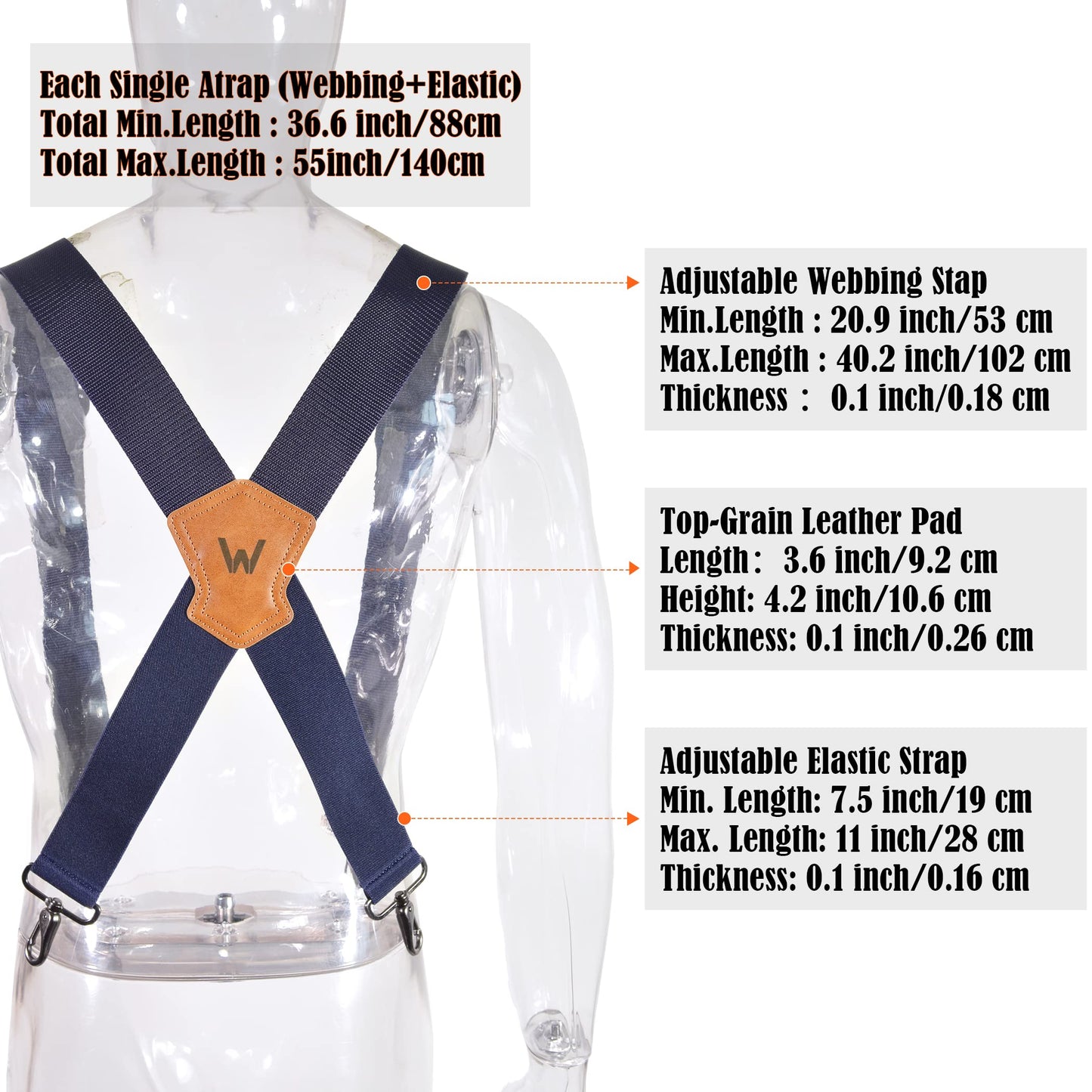 WELKINLAND Navy suspenders for men, 2 Inch Wide Work Suspenders, Heavy Duty Swivel Suspender, Mens Suspender for jeans, Big and tall suspenders for men
