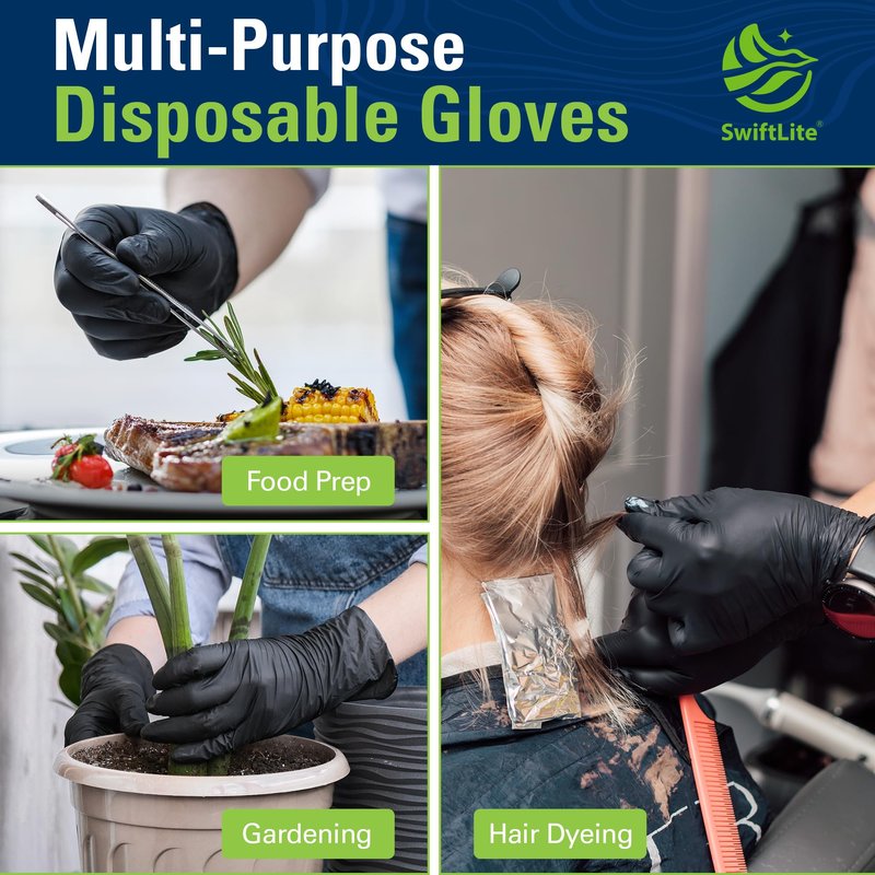 SWIFTLITE Nitrile Gloves, Disposable Black Gloves, Food Safe Rubber Gloves, Latex-Free, Powder-Free for Cooking, Cleaning, Food Prep (Small, 300 Counts)