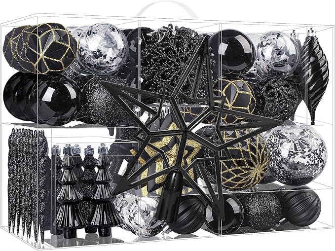 SHareconn 100pcs Christmas Tree Decorations Ornaments Set, Shatterproof Plastic Baubles Decorative Balls for Xmas Tree Decor Holiday Wedding Party, Black