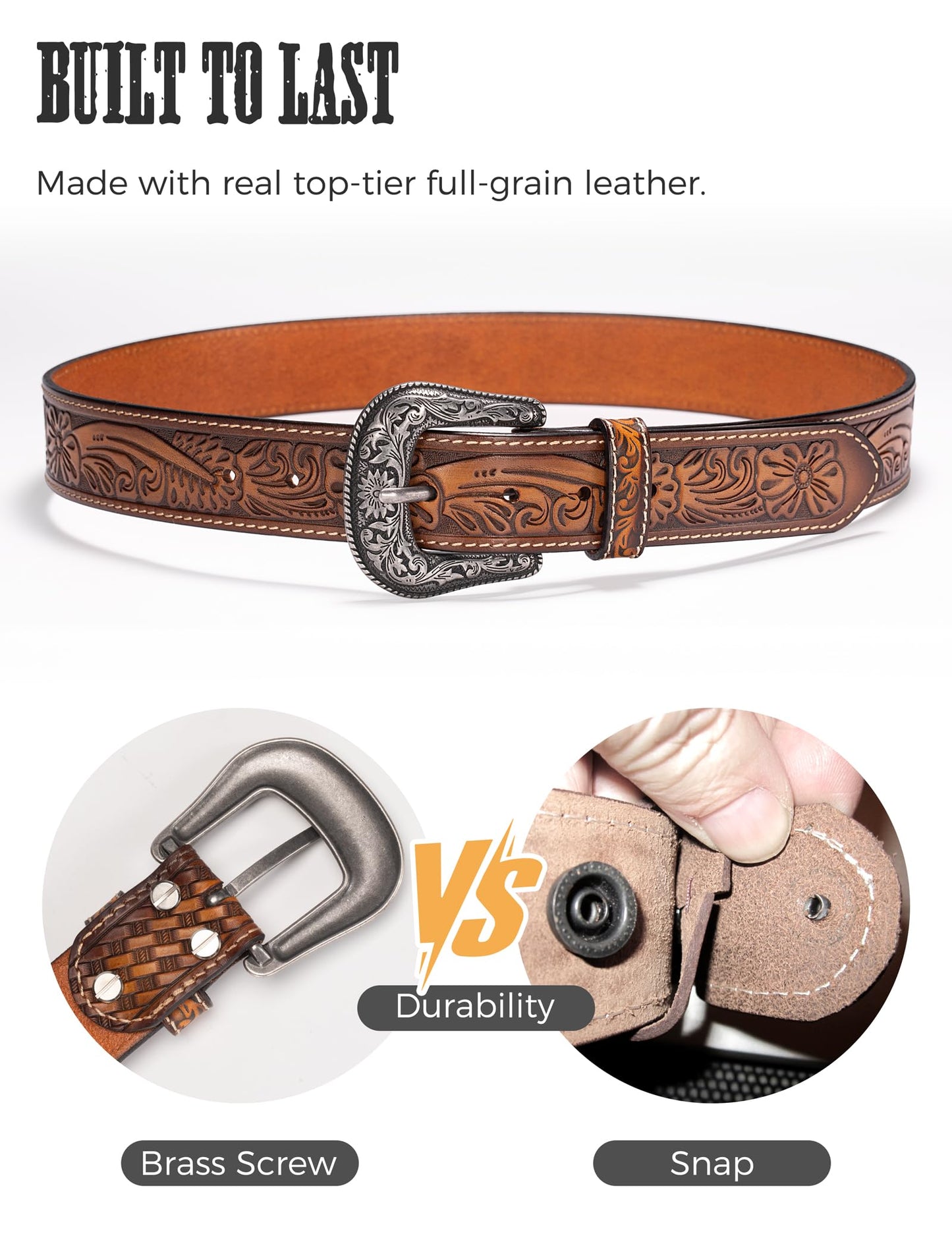 Biybletes Western Cowboy Leather Belt - 1.5" Genuine Leather Country Belt with Durable Buckle (Brown-3, Fit Pants Size 34)