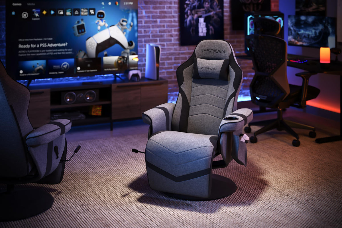 RESPAWN 900 Gaming Chair - Video Games Console Recliner, Computer Chair With Adjustable Leg Rest, Cupholder, and Footrest - Gray Fabric