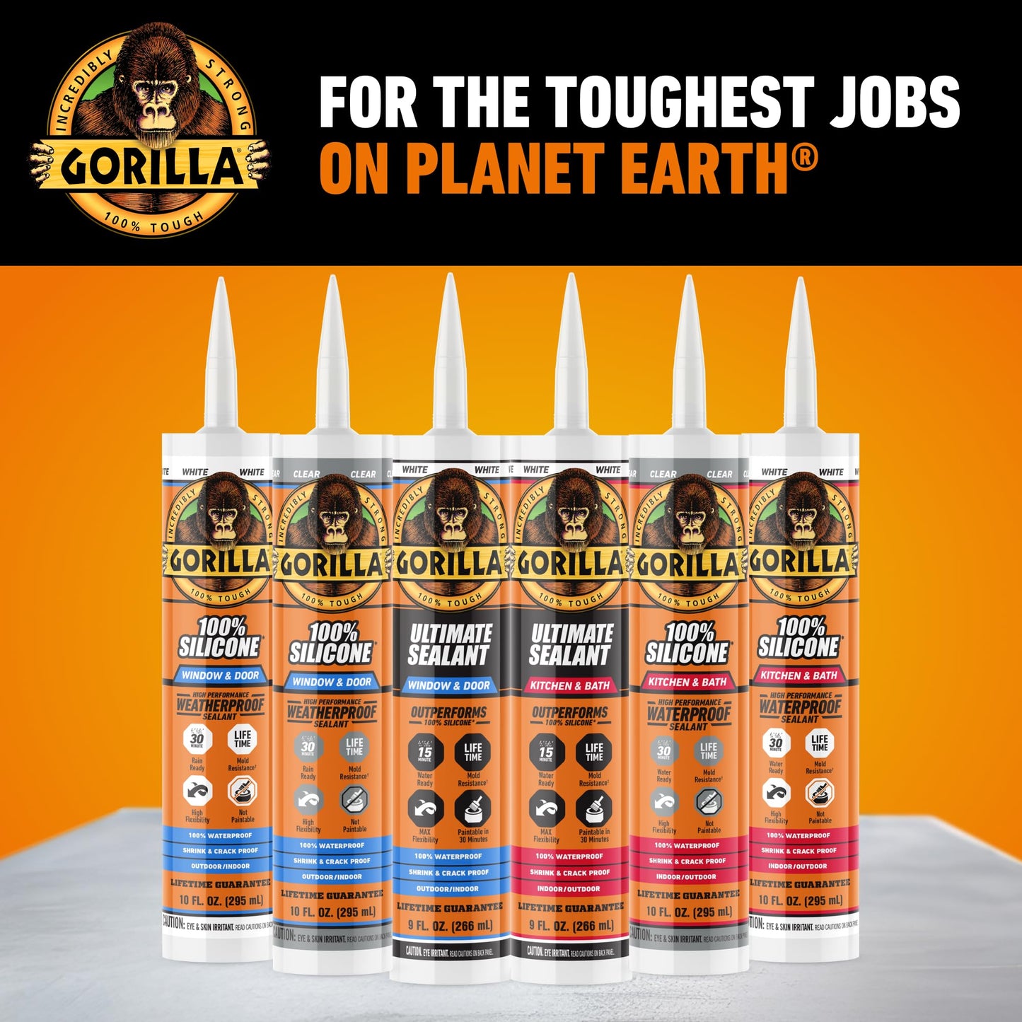Gorilla 100% Silicone Sealant Caulk Window & Door, 10 Ounce Cartridge, White