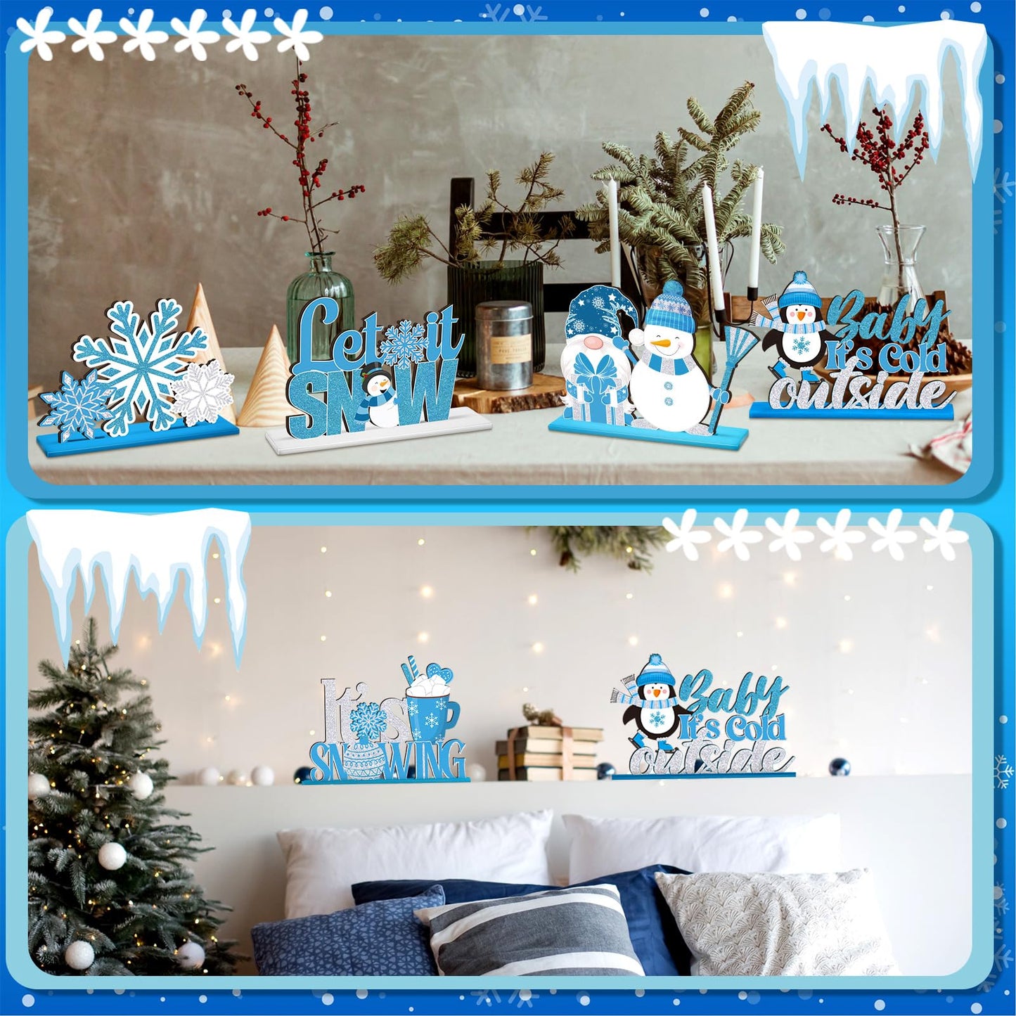 Shellwei 6 Pcs Winter Party Table Decorations Snowflake Snowman Wooden Centerpieces Winter Let It Snow Party Baby is Cold Outside Decoration for Christmas Baby Shower Supplies