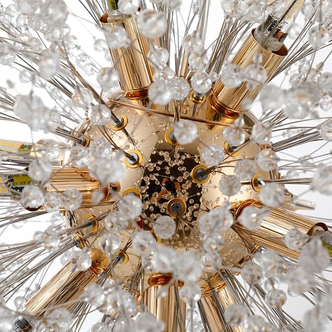 Modern Dandelion Chandelier, 12 Lights Gold Firework Chandelier for Dining Room, Crystal Pendant Light Fixture Sputnik Chandeliers for Entryway, Hallway