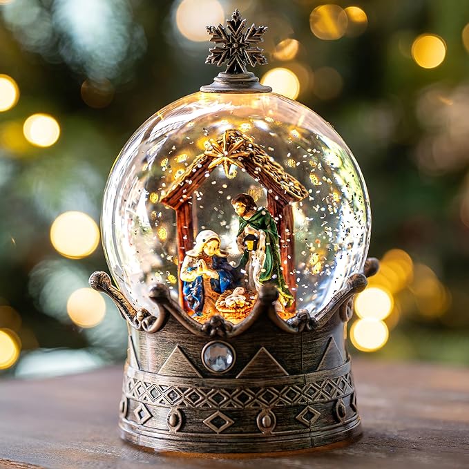 Christmas Snow Globe Lantern Water Glittering Nativity Crown with Music, USB Lined/Battery Operated Lighted Lantern for Christmas Festival Decoration Gifts