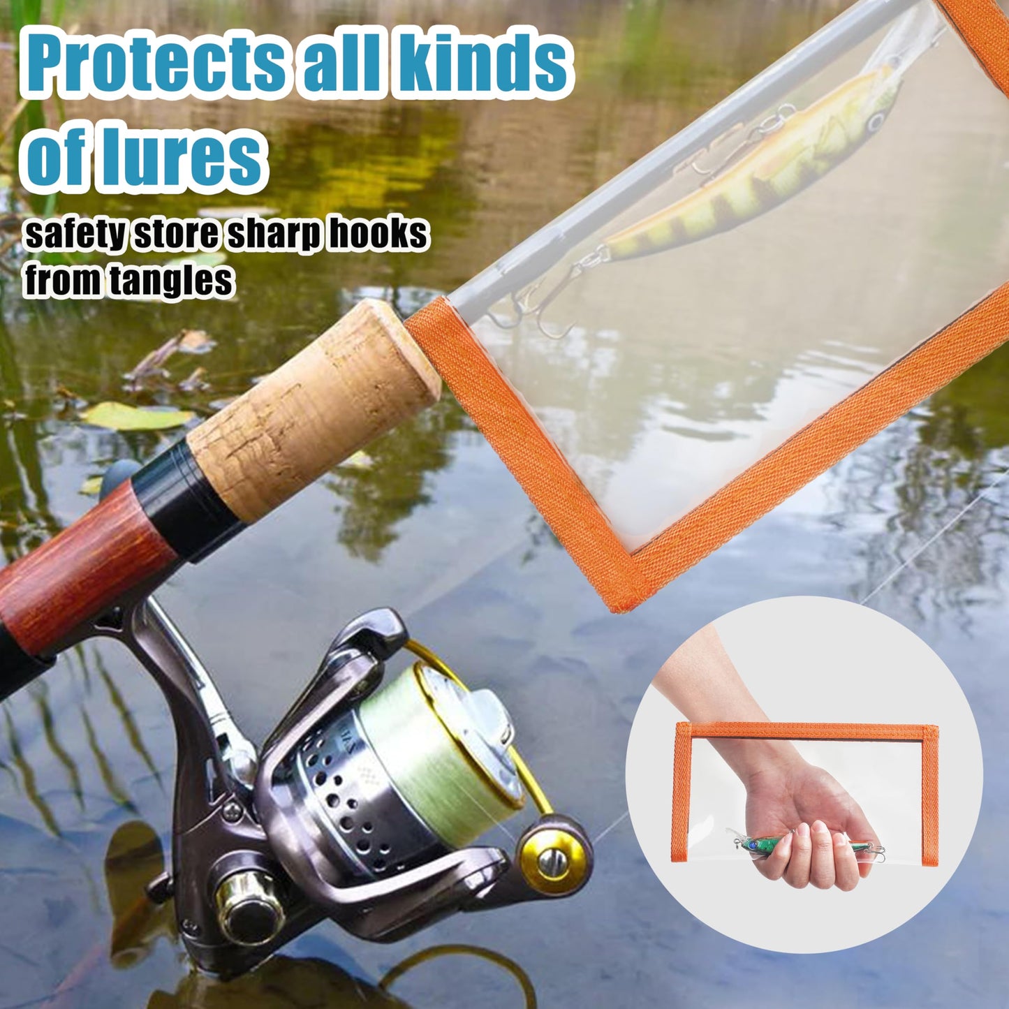 Fishing Lure Wraps for Fishing Rod with Velcro 4 Packs Bait Storage Covers Clear PVC Lure Protector Medium Large Sizes (M+L-ORANGE-4PCS)