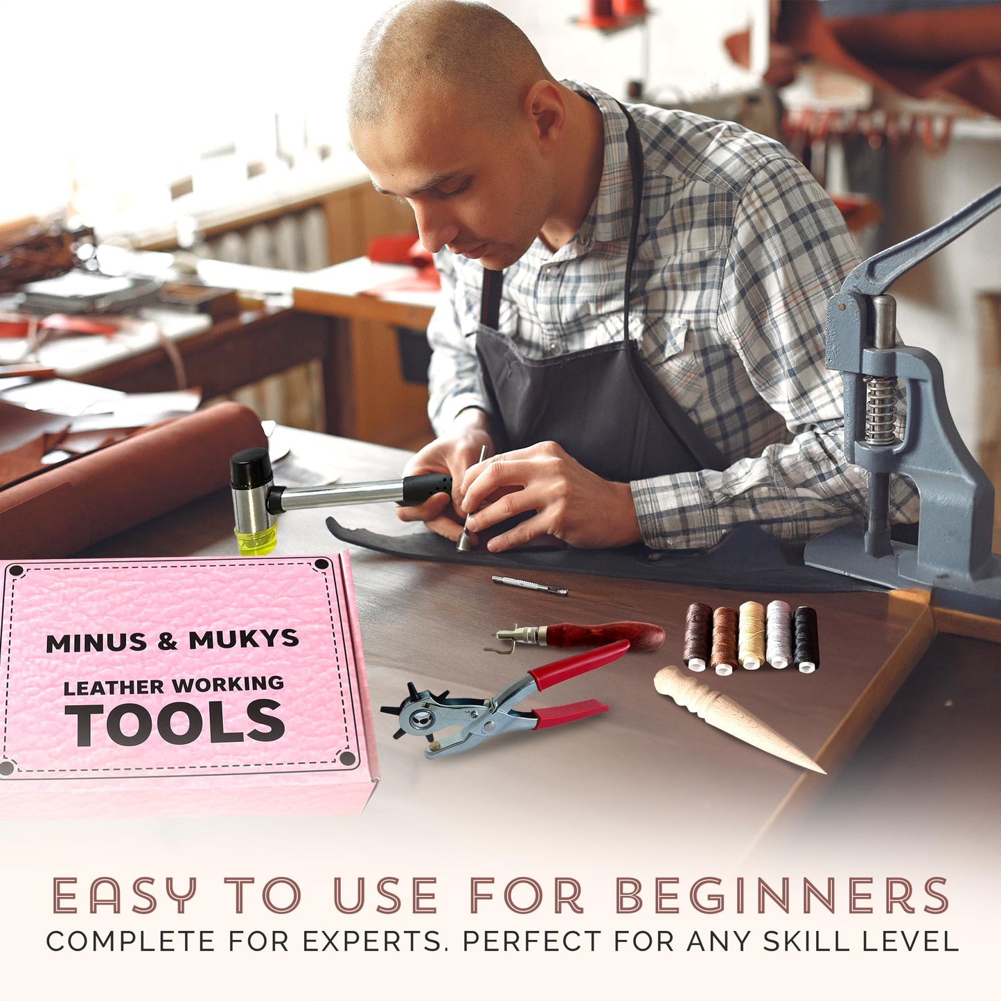 MINUS MUKYS Leather Working Kit Complete Leather Tools Set for Crafts Shoe Repair Kit Belts Includes Hole Puncher for Crafts Sewing Tools Awl Stitching Tool Cutting Mat Ideal for Beginners