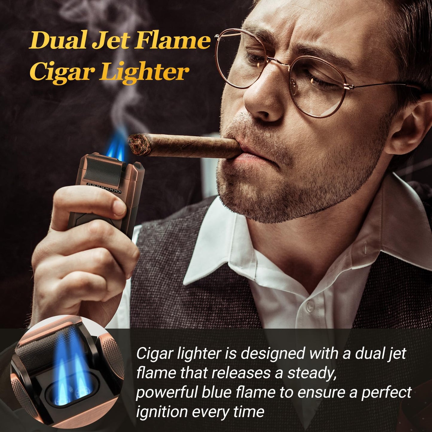 AWOTE Travel Leather Cigar Case with Cigar Torch Lighter, Cigar Bag with 4 Cigar Tubes, Include Cigar Accessories