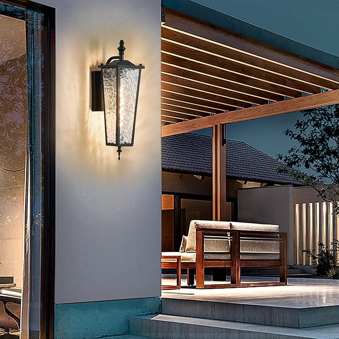 Outdoor Wall Light,Black E26 Base 16.7in - Exterior Waterproof Lantern Metal with Clear Glass,Farmhouse Porch Sconce Wall Mount Lighting,for Garage,Patio,Front Door,Entryway