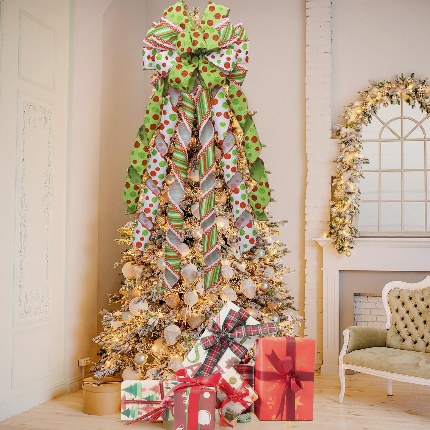 Fvviia Christmas Tree Topper Wreath Large Green Christmas Bow Tree Topper, Red Green Dot Polyester Gift Bow for Xmas Ornament Holiday Handmade Home Wedding Indoor/Outdoor Decoration-13 x 45 Inch