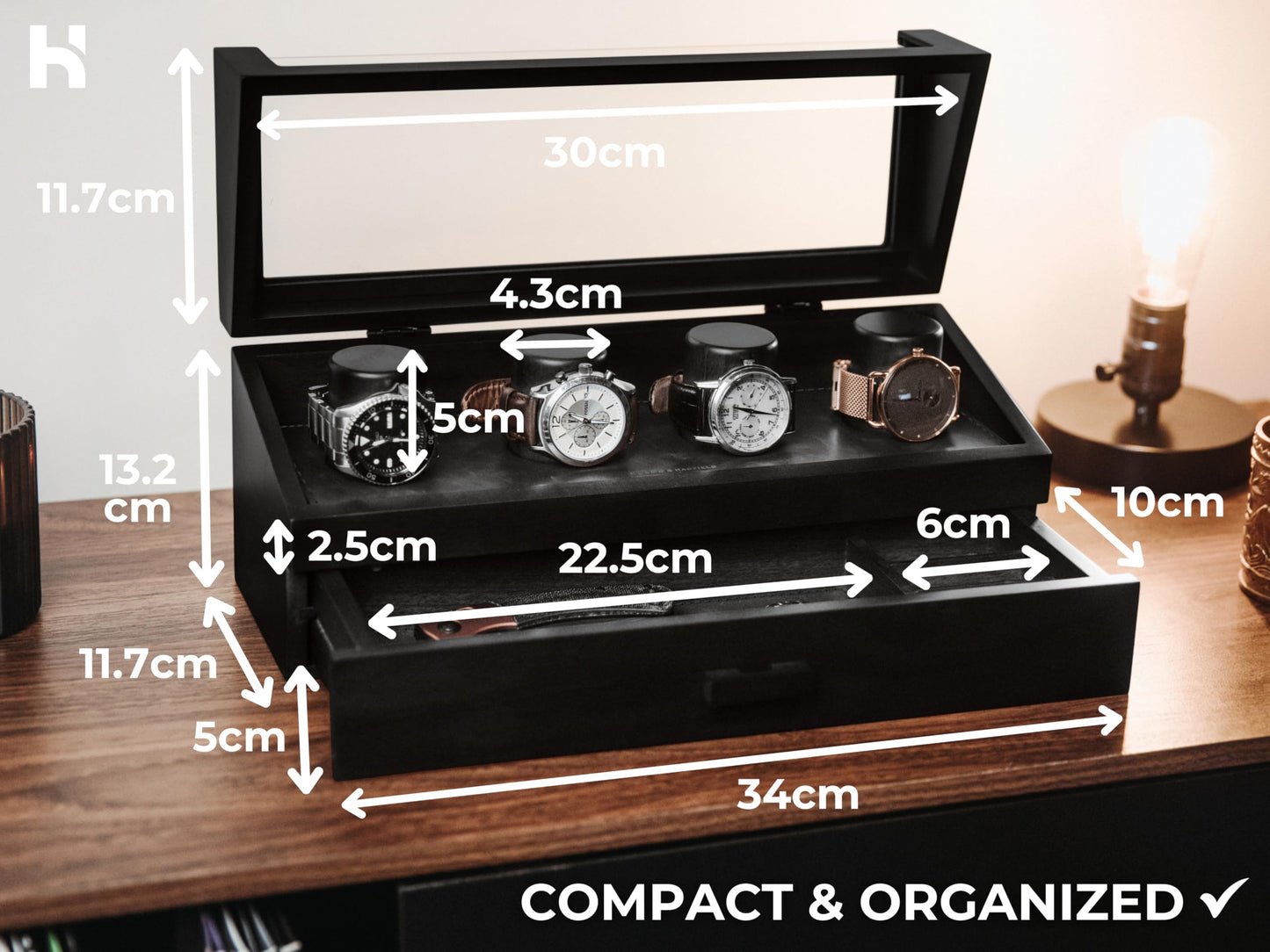 Premium 4 Slot Watch Box for Men (2026 Upgraded) – Wooden Watch Display Case with Hinged Wood Cover, Leather Lining & Drawer – Watch Organizer Stand – Handcrafted Luxury Father's Day Present for Men