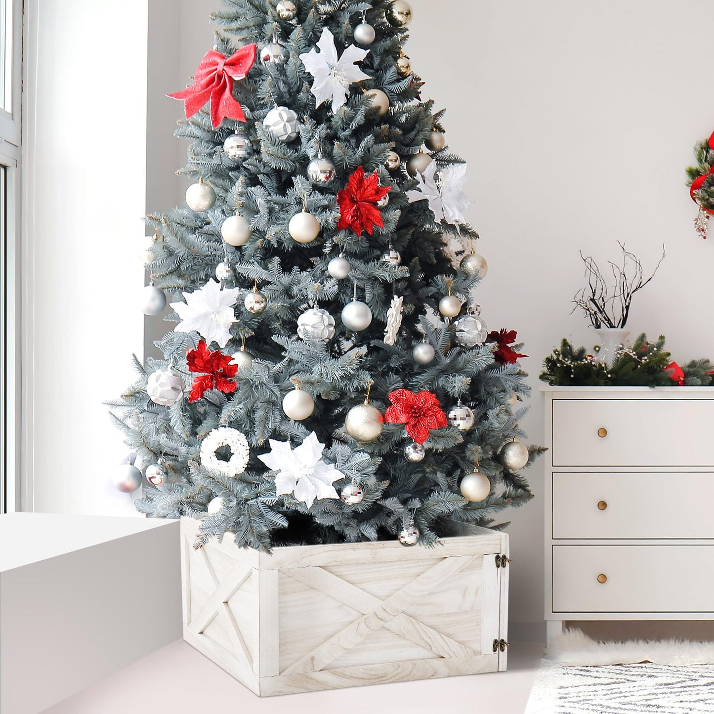 GlikCeil 22'' L Wooden Christmas Tree Collar Box Christmas Tree Skirt Stand Base Cover Rustic Farmhouse Bottom Cover Box for Xmas Party Holiday Decorations(White)
