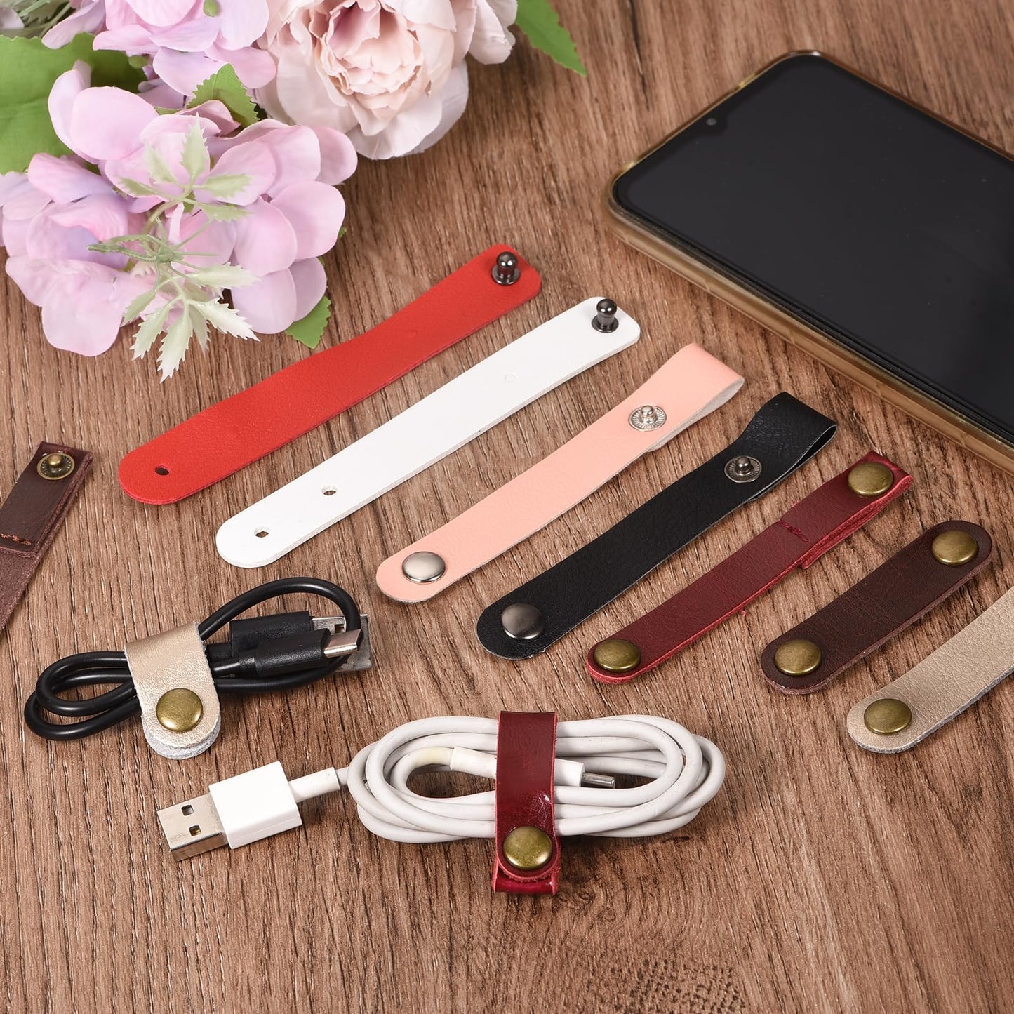 MECCANIXITY Pack of 15 Leather Cable Straps Cord Organizer 63x16mm Portable Cable Leather Clips Black Earphone Cord Management for Cable, Wire