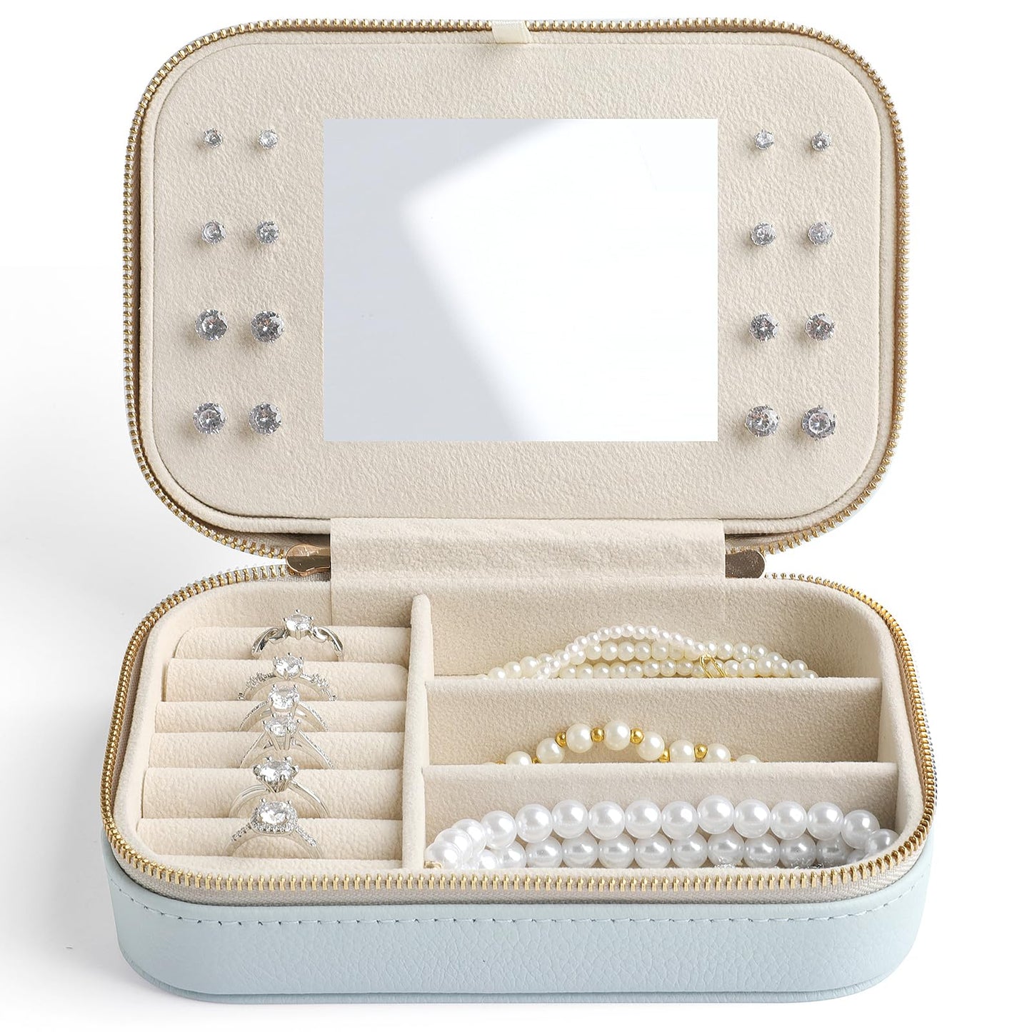 NGVRC Genuine Leather Travel Jewelry Organizer Case with Mirror for Women, Small Mini Portable Jewelry Box for Ring Earrings Necklace Bracelet Luxury Gift for Women(Cyan)