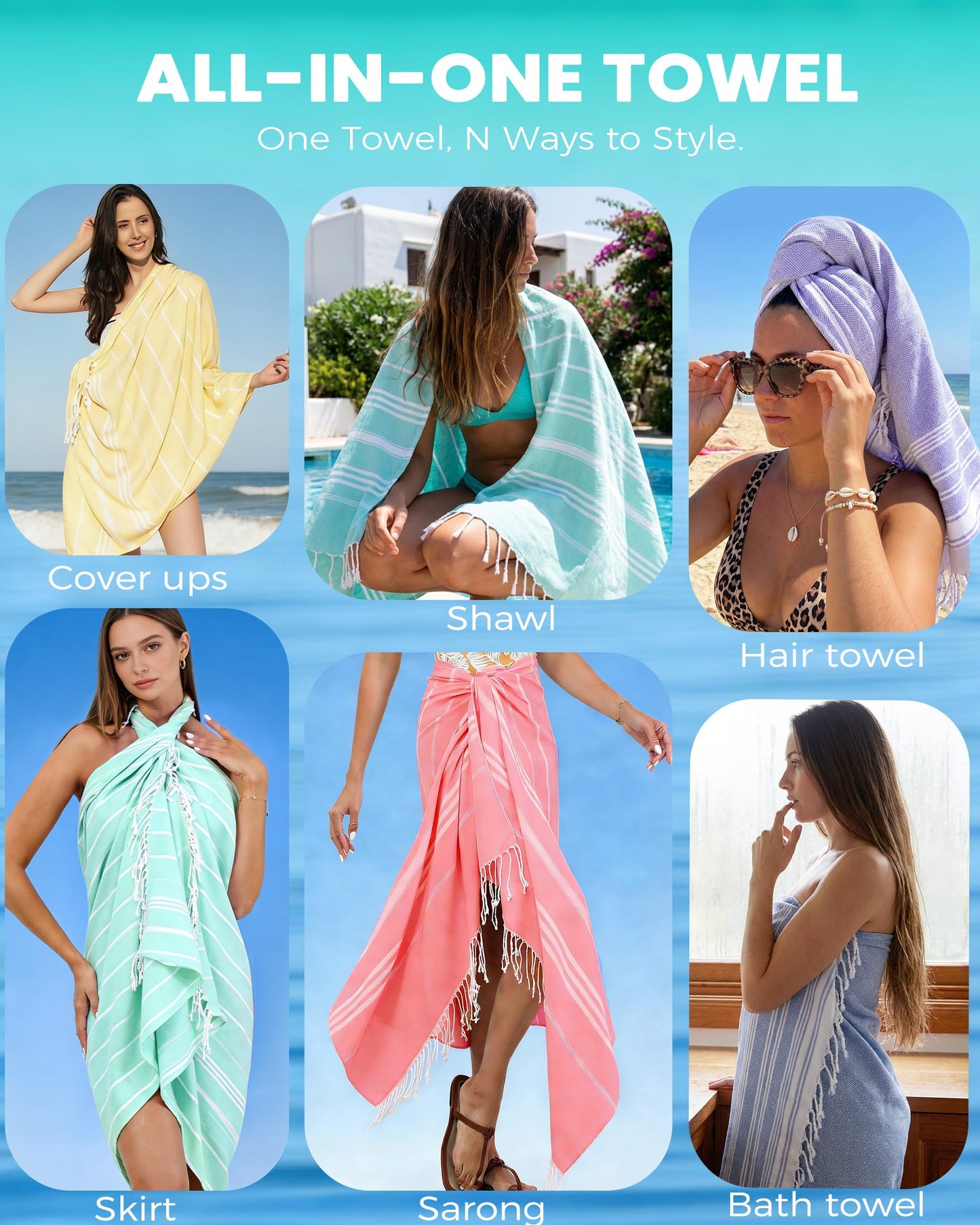 24 Pack Turkish Beach Towels Quick Dry Sand Free Soft Absorbent Extra Large Big Blanket Adult Oversized Bath Pool Swim Towel Lightweight Thin Fast Drying Compact No Sand Packable Vacation Essentials
